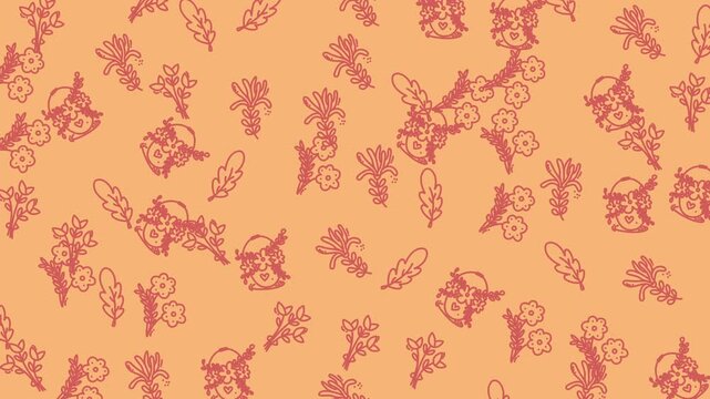 Red outlined owl, floral, and leaf pattern on an orange background is suitable for stationery, fabric design, and digital backgrounds.