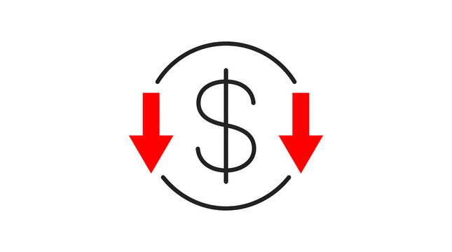 Currency Down Arrows. Dollar Value Decrease And Financial Loss Symbol. Economic Decline Concept. Minimal Vector Illustration