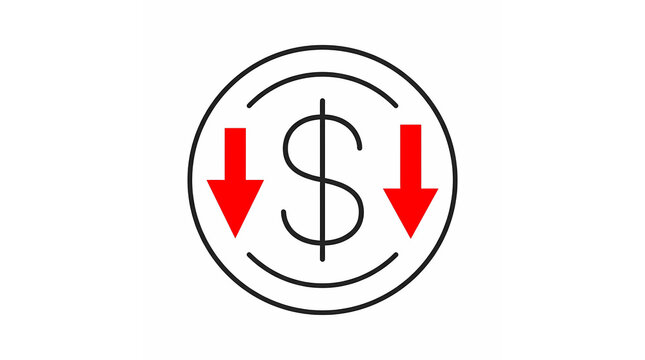 Currency Down Arrows. Dollar Value Decrease And Financial Loss Symbol. Economic Decline Concept. Minimal Vector Illustration