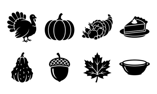 Holiday icon set featuring turkey pumpkin cornucopia pie and autumn foliage in black silhouette vector style