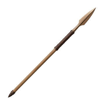 Isolated ancient bronze spear with leather grip and detailed spearhead on transparent background.