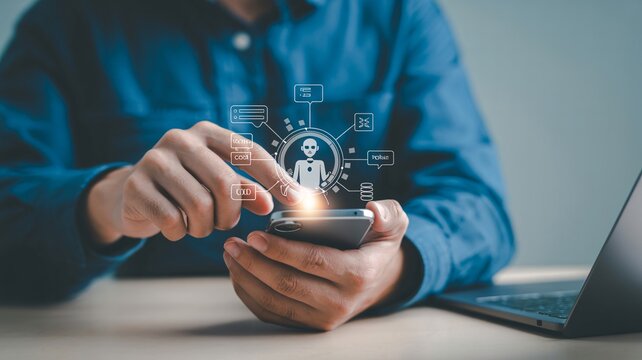Person Using Smartphone with Artificial Intelligence Interface Icons to Access Digital Services and Automate Professional Workflow Tasks