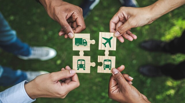 Diverse business team assembling wooden puzzle pieces with green transportation icons for sustainable logistics and eco friendly travel solutions