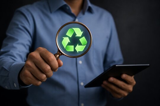 Businessman holding a magnifying glass inspecting a glowing green recycle symbol with tablet