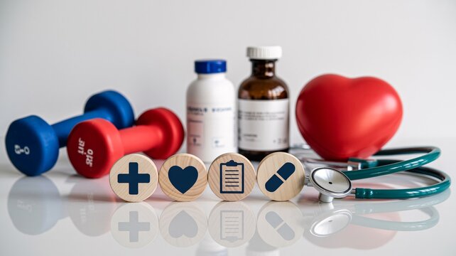 clean professional medical and fitness product photography showcasing wellness essentials stethoscope heart and dumbbells on white background