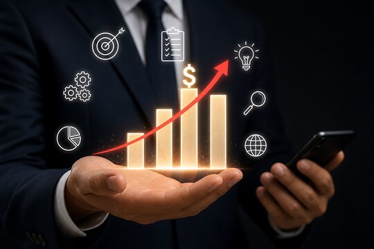 Businessman holding smartphone and projecting financial growth chart with icons