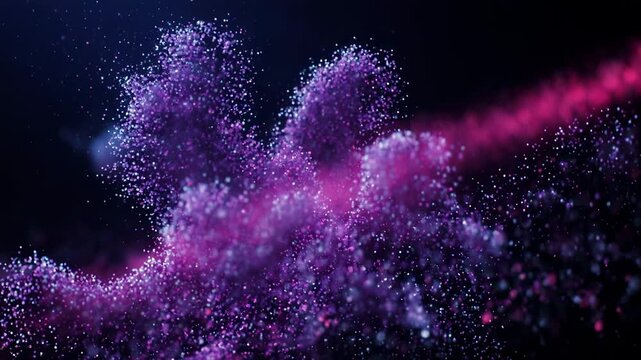 Abstract purple particles forming organic cloud shape with subtle light flares during slow motion