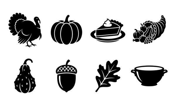 Holiday icon set featuring turkey pumpkin pie cornucopia acorn and autumn leaves in black silhouette