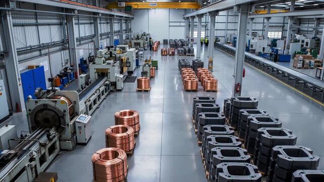 Elevated view of large factory floor with copper coils transformer cores and workers