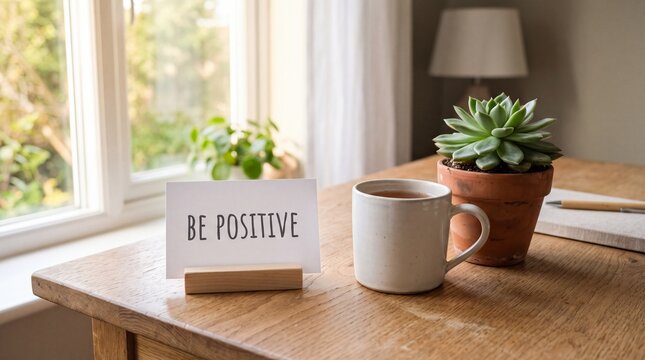Motivational be positive card on a wooden desk with coffee mug