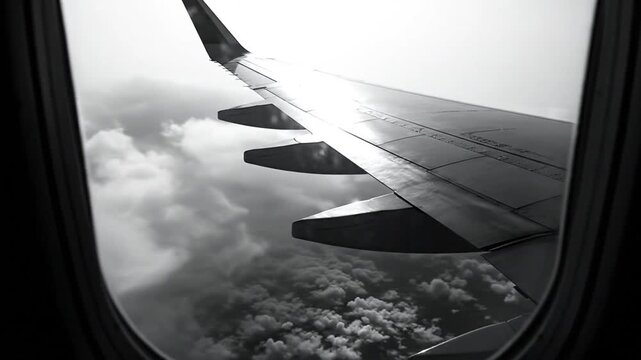 Black and white view from airplane window featuring wing and cloudy sky during flight