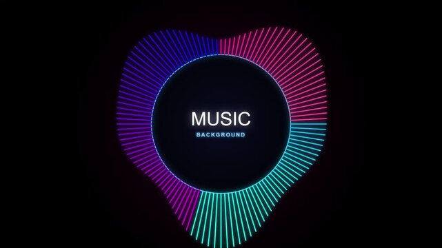 Abstract heart shape music equalizer with neon gradient bars and center text MUSIC BACKGROUND on black background.
