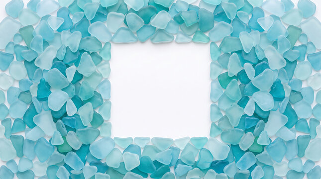 Beautiful turquoise sea glass pebbles forming a decorative frame shape