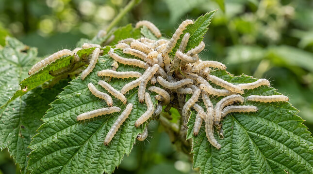 Close up caterpillar larvae feeding on green plant leaves outdoors
