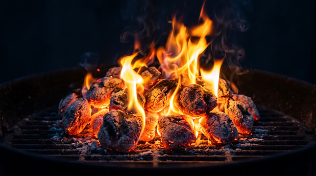 Grilled meat cooking over hot charcoal flames on outdoor grill
