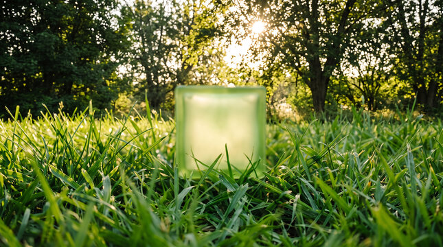 Green Glass Candle Lit in Sunlit Meadow During Golden Hour