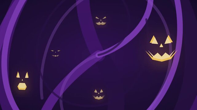 A hypnotic deep-purple rotating spiral vortex Halloween background paired with bright golden-orange glowing jack-o'-lantern faces that emerge, drift, and fade seamlessly in an 8-second loop.