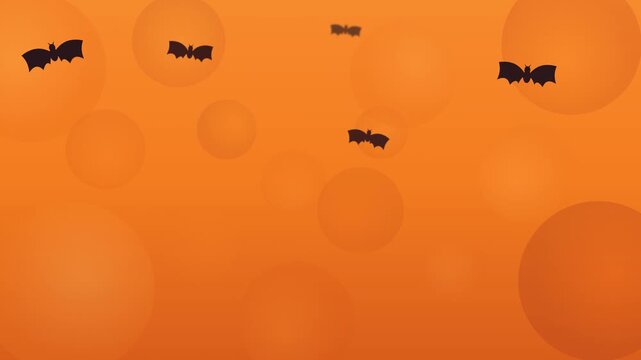A warm orange Halloween motion background featuring slowly drifting circular gradient motifs and large, anatomically detailed two-wing bats flying across the upper frame in a seamless 8-second loop.