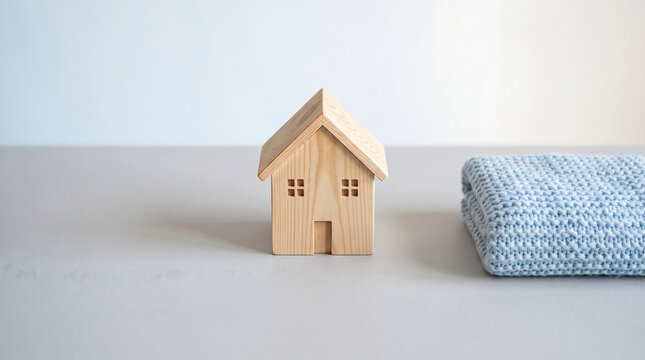Minimalist wooden house model next to folded knitted cloth on light surface