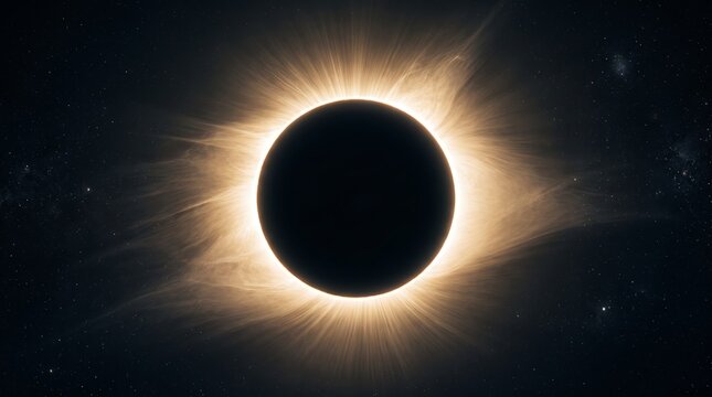 Total solar eclipse with a glowing corona against a field of stars