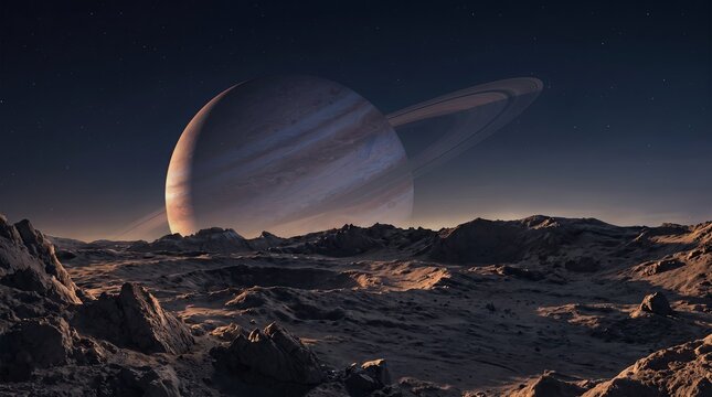 Ringed gas giant rising above the rocky surface of a barren moon under a starry sky