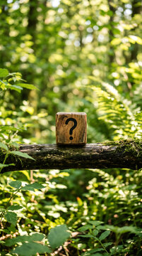 Wooden question mark block resting on mossy fallen tree branch in forest