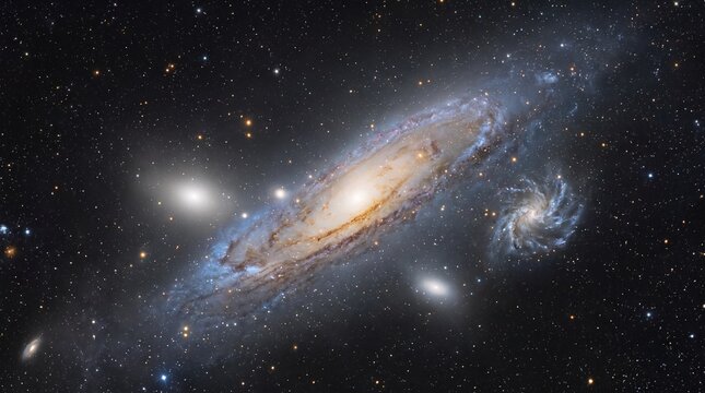 Spiral galaxy with a bright core and satellite galaxies in a dense starfield