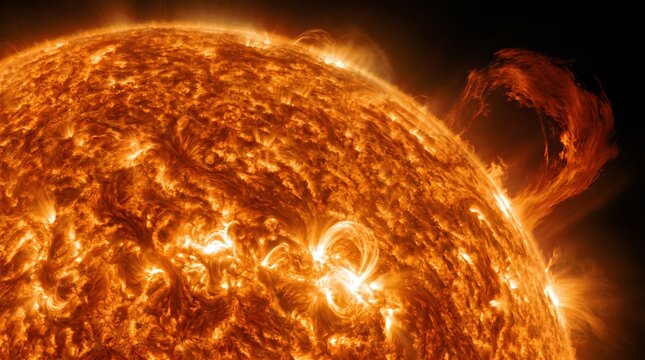 Solar prominence arching from the fiery surface of the sun