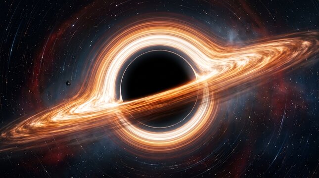 Black hole surrounded by a glowing accretion disk bending light in deep space