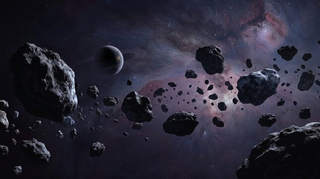 Drifting asteroid field with a distant ringed planet and purple nebula