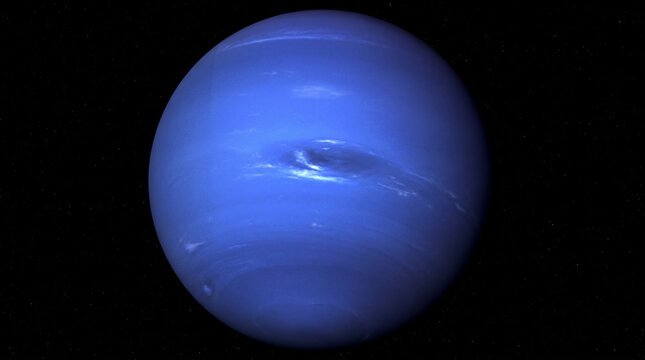 Deep blue Neptune with a dark storm spot centered on black space