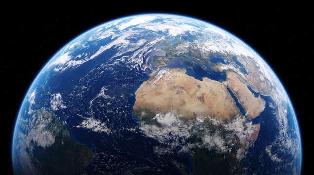 Earth from space showing Africa, Europe and the Atlantic under swirling clouds