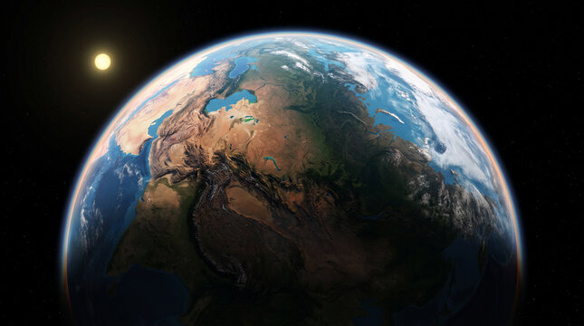 Sunlit Earth with continents and clouds