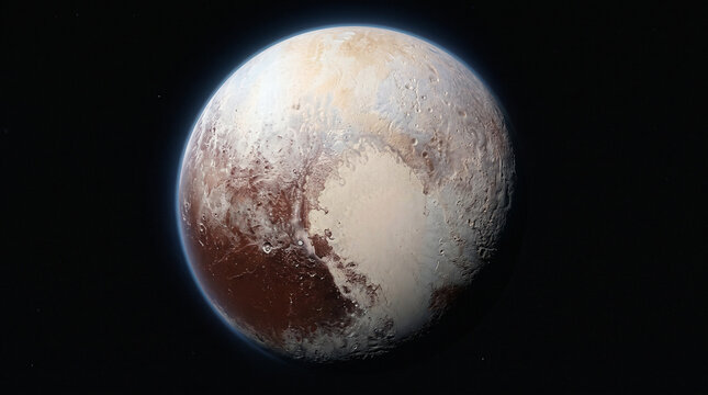 Dwarf planet Pluto with its pale heart-shaped plain and reddish highlands