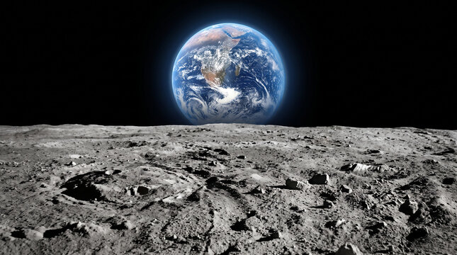 Earth rising above the gray cratered surface of the Moon