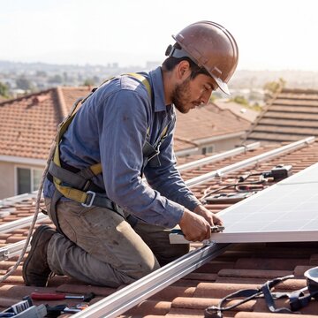 T&Atilde;&copy;cnico hispano instalando paneles solares techo