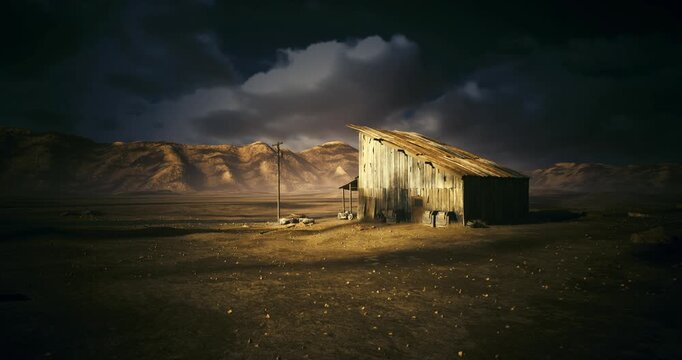 textured ruined shack against brooding sky, dramatic contrast between light and shadow, close framing emphasizing rust and peeling metal, terrain dotted