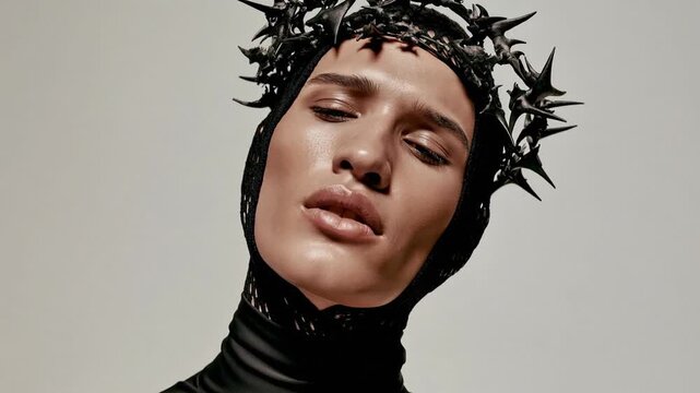 Dramatic portrait of a person wearing a spiky crown and black mesh headwear