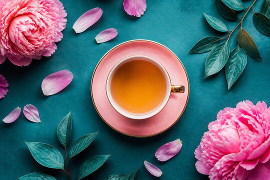 A pink peony, a cup of tea on a saucer, and scattered petals are arranged on a teal surface.