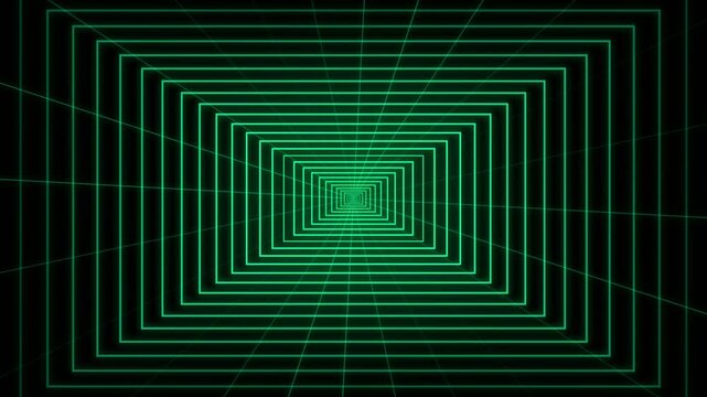 Abstract Green Rectangular Grid Tunnel Moving Through Deep Digital Cyber Space Representing Futuristic Technological Infrastructure And Data Flow Visualization For Modern Immersive
