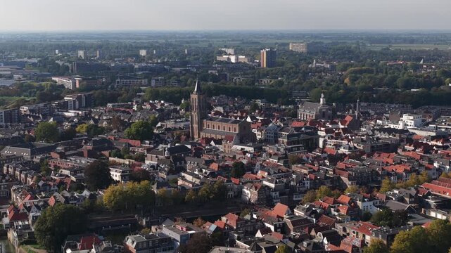 Aerial View of Grote Kerk and Historic Center of Gorinchem, Netherlands