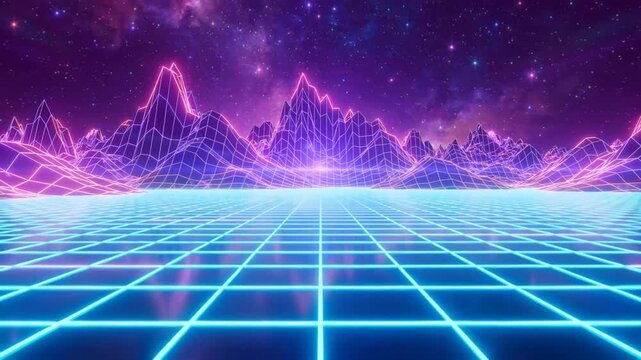 Neon wireframe mountains glowing in electric blue with digital peaks rising from grid terrain for retro futuristic landscapes in seamless loop