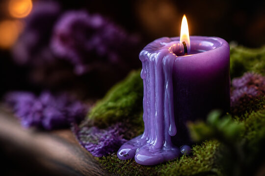 A lit purple candle drips wax on vibrant green moss with blurred purple flowers in the background.