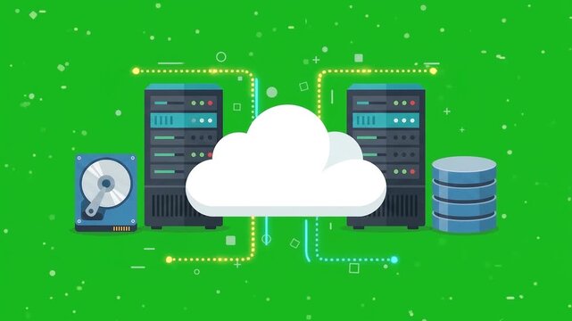 Connected server network with glowing nodes and lines, digital security on green screen
