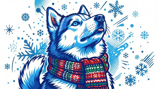 Siberian Husky wearing a festive winter scarf, captured in a striking pop art vector graphic style.