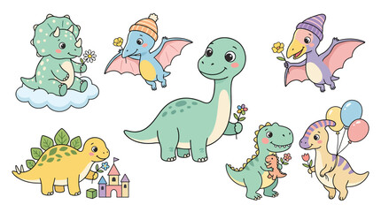 Cute Cartoon Dinosaurs Holding Flowers Isolated © defu