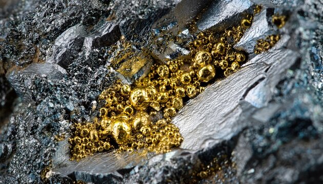 Close-up view of gold deposits within rock formation showing different minerals and textures
