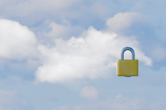 3D Cloud Data Protection Padlock in Open Sky with Copy Space
