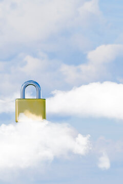 3D Online Privacy Padlock Floating Above Soft Cloud Technology Background