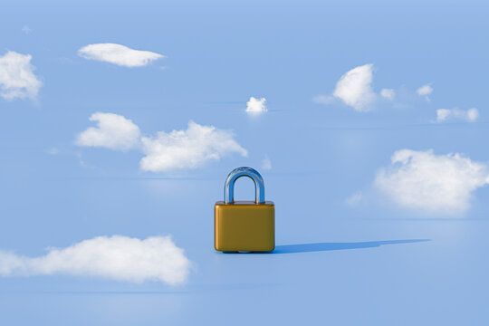 3D SaaS Security Padlock on Blue Cloud Computing Platform